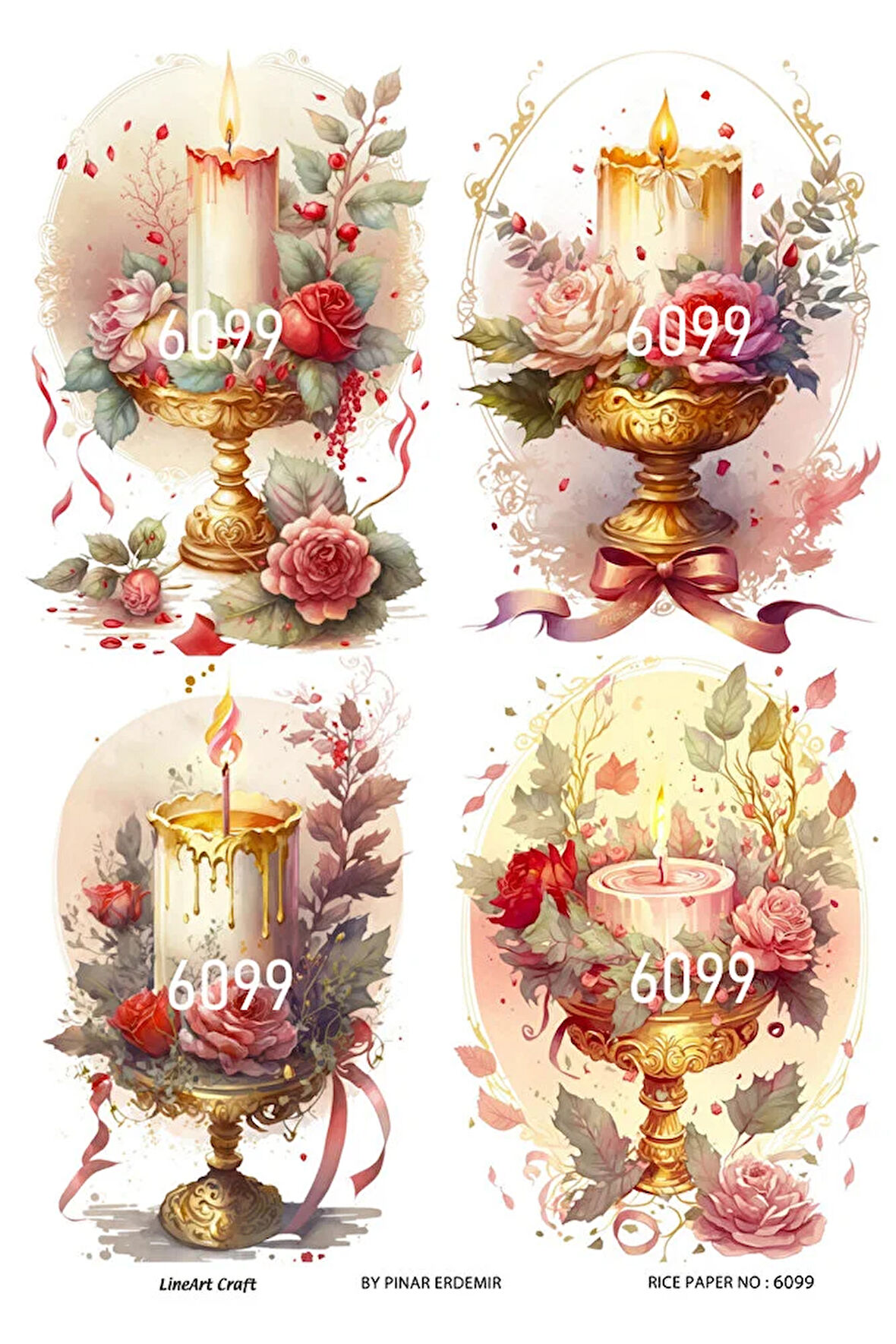 6099 Çiçek, Mum, Şamdan Desenli Pirinç Dekopaj 30x42