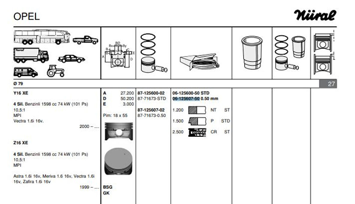 Opel Motor Piston Segmanı (0,50) Astra F Astra G Vectra B Vectra C Zafıra A (x1,6xel Z1,6xe) / (1,6 16v) - Goetze 61256075g