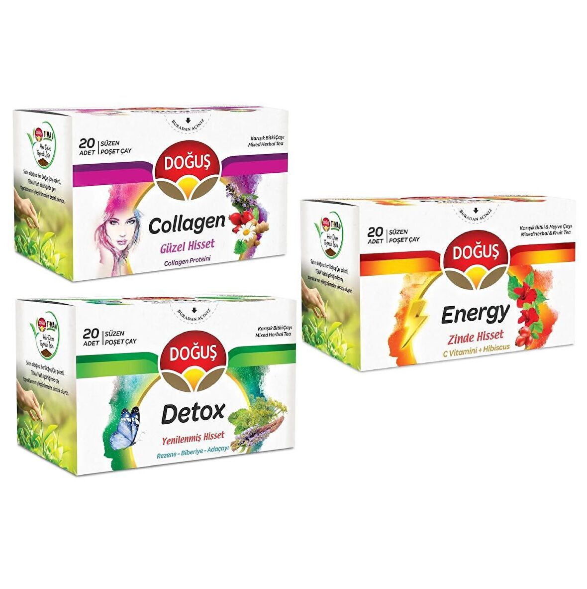 Doğuş 3'lü Deneme Paketi Collagen - Detox - Energy Bardak Poşet Çay 3 Adet 20'li