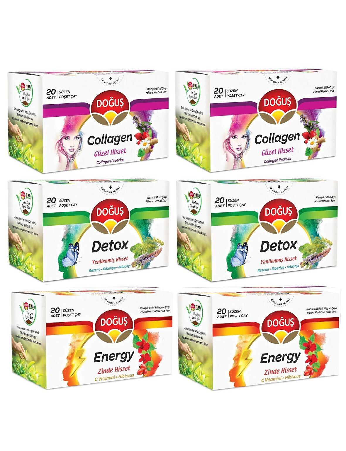 Doğuş 6'lı Avantaj Paketi Collagen - Detox - Energy Bardak Poşet Çay 6 Adet 20'li