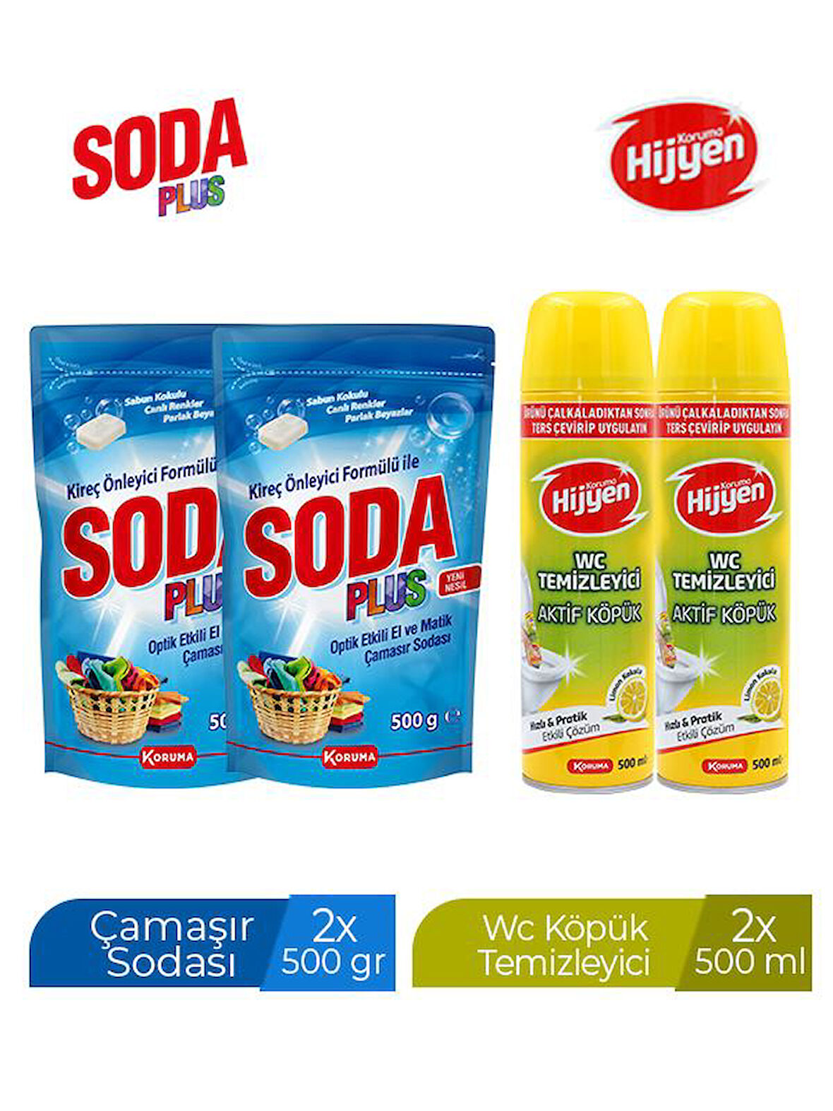 SODA PLUS 500 GR X 2 ADET + KORUMA HİJYEN WC KÖPÜK 500 ML X 2 ADET