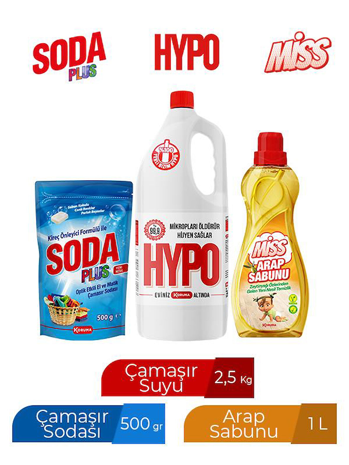 SODA PLUS 500 GR + HYPO ÇAMAŞIR SUYU 2,5 KG + MİSS ARAP SABUNU 1000 ML