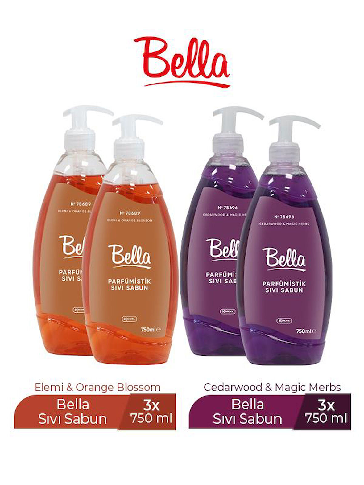 BELLA SIVI SABUN CEDAR&MAGİC 750 ML X 2 ADET + ELEMİ&ORANGE 750 ML X 2 ADET