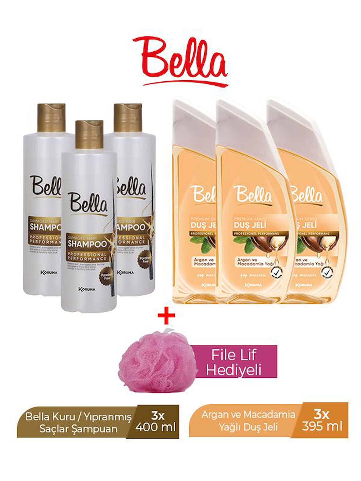 BELLA KURU&YIPRANMIŞ SAÇLAR İÇİN ŞAMPUAN 400ML X 3 ADET + BELLA DUŞ JELİ ARGAN&MACADEMIA 395ML X 3 ADET -LİF HEDİYELİ