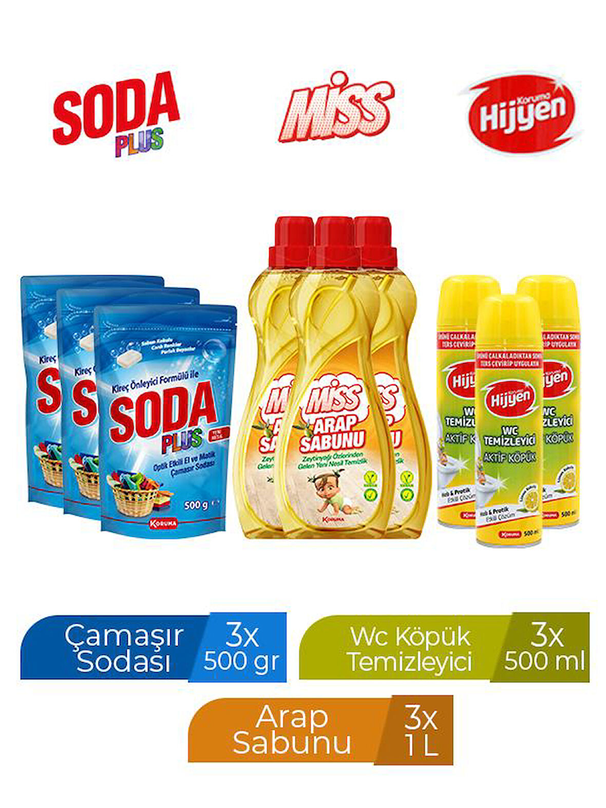 SODA 500 GR X 3 ADET+ KORUMA WC KÖPÜK 500 ML X 3 ADET +MİSS ARAP SABUNU 1 LT X 3 ADET