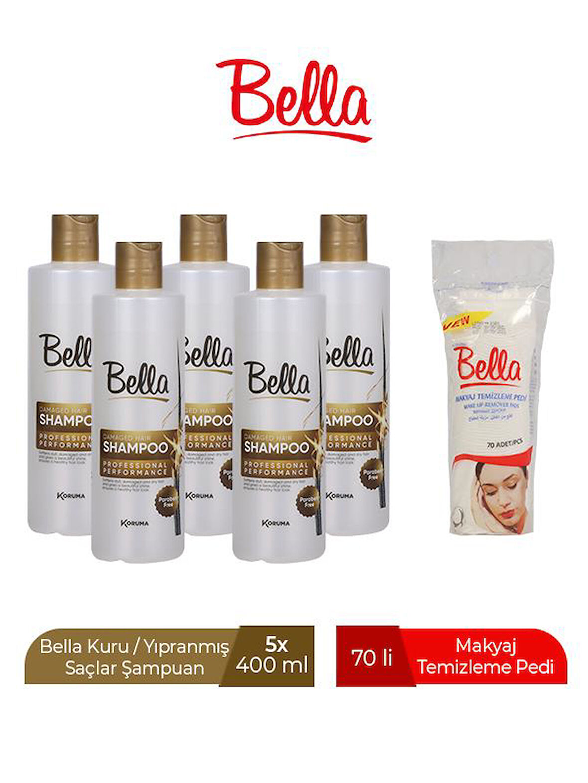 BELLA ŞAMPUAN KURU/YIPRANMIŞ SAÇLAR 400 ML x 5 ADET - BELLA MAKYAJ TEMİZLEME PEDİ 70'Lİ