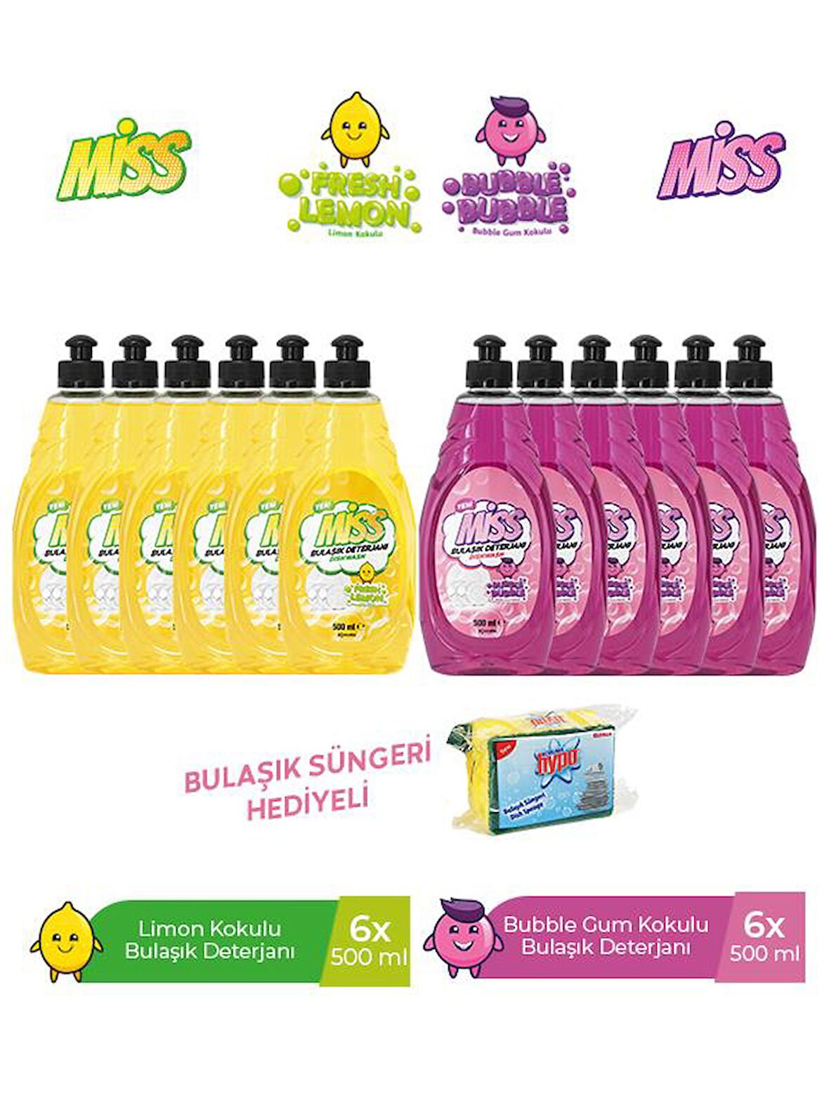 MİSS BULAŞIK PAKETİ 500 ML LİMON X 6 + BUBBLE X 6 + BULAŞIK SÜNGERİ HEDİYELİ