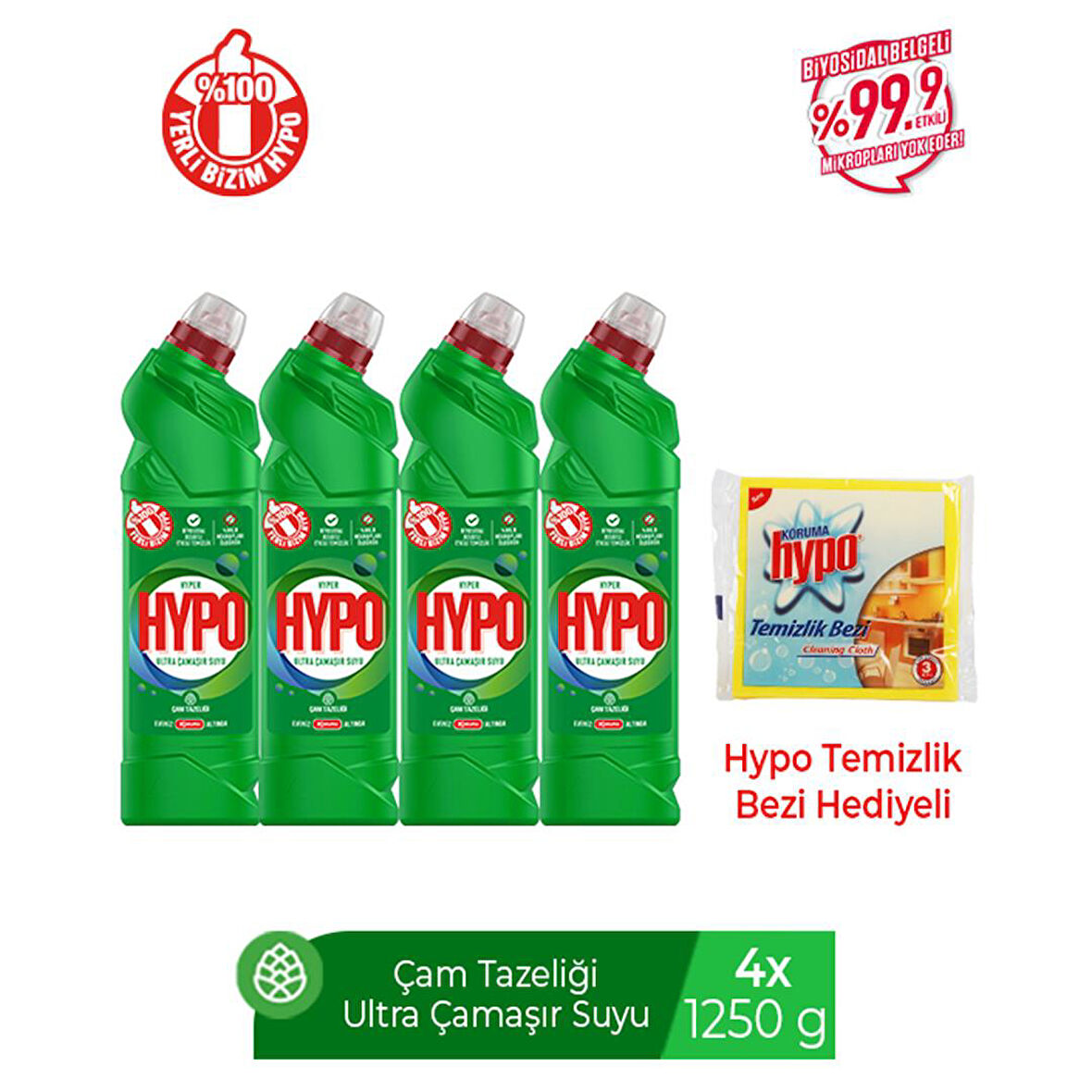 H.HYPO ULTRA KIVAMLI ÇAMAŞIR SUYU ÇAM 1250 GR X 4 TEMİZLİK BEZİ HEDİYELİ