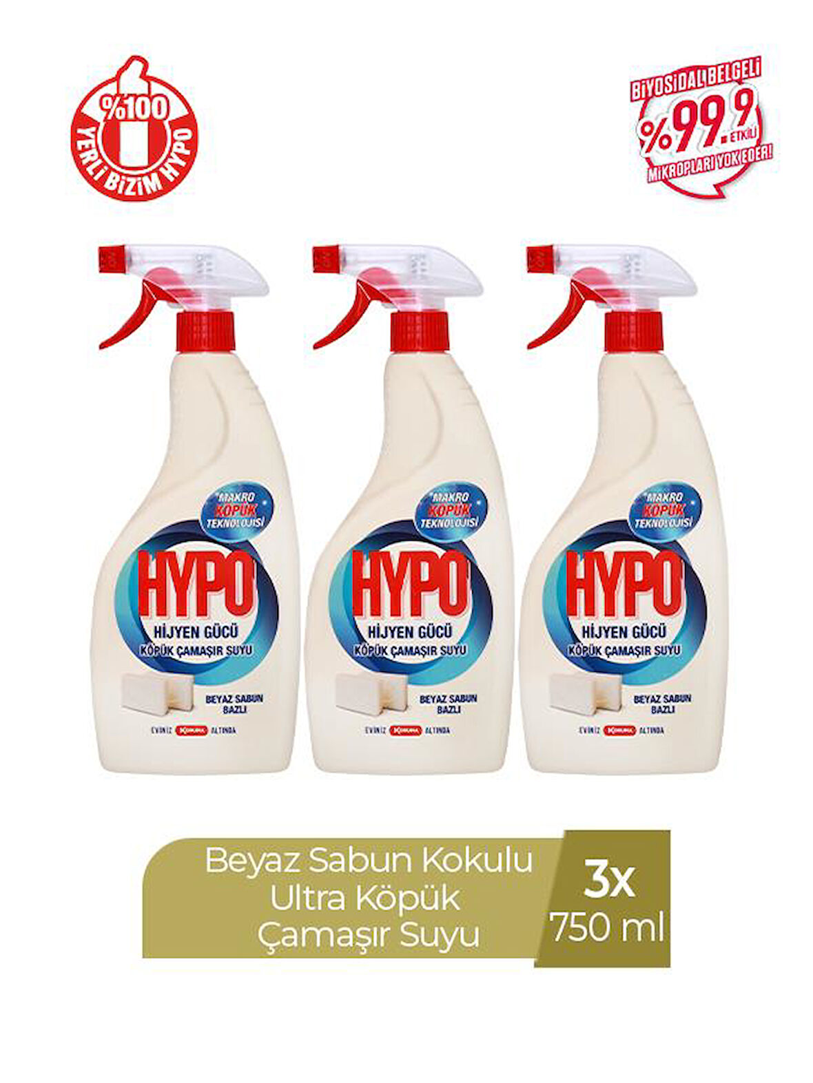 HYPO KÖPÜK ÇAMAŞIR SUYU BEYAZ SABUN KOKULU 750 ML x 3 ADET