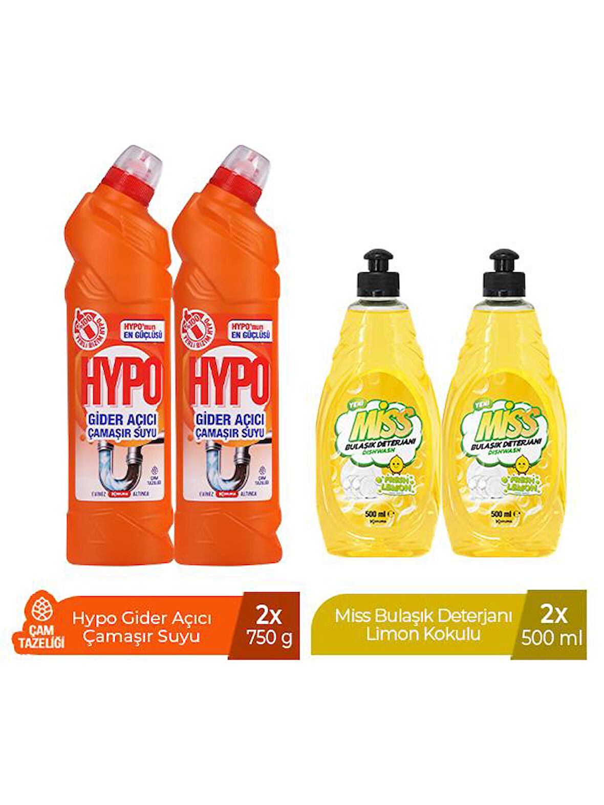 HYPO GİDER AÇICI ÇAMAŞIR SUYU ÇAM TAZELİĞİ 750 GR x 2 + MİSS BULAŞIK DETERJANI LİMON 500 ML X2