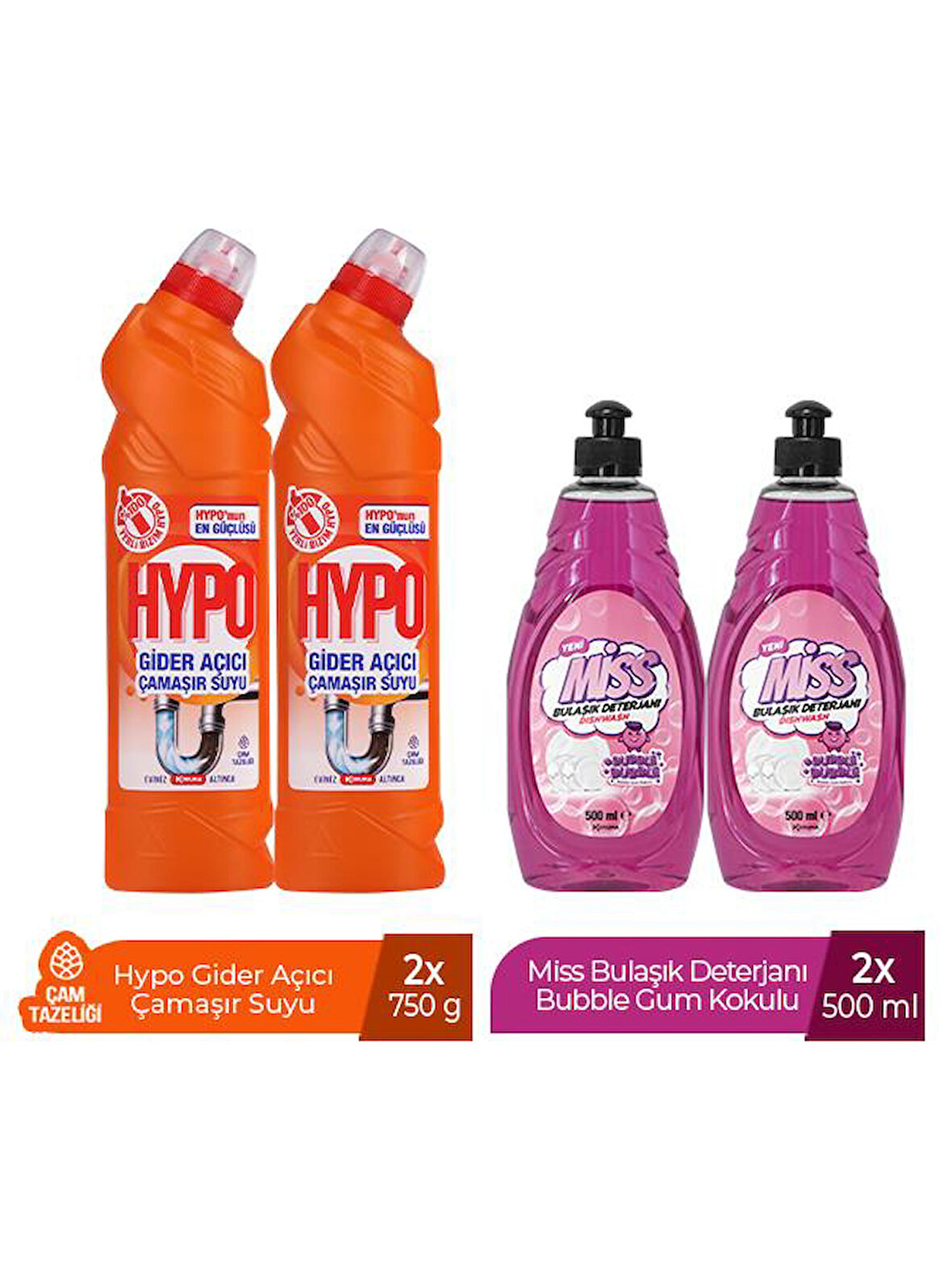 HYPO GİDER AÇICI ÇAMAŞIR SUYU ÇAM TAZELİĞİ 750 GR x 2 + MİSS BULAŞIK DETERJANI BUBBLE 500 ML X2