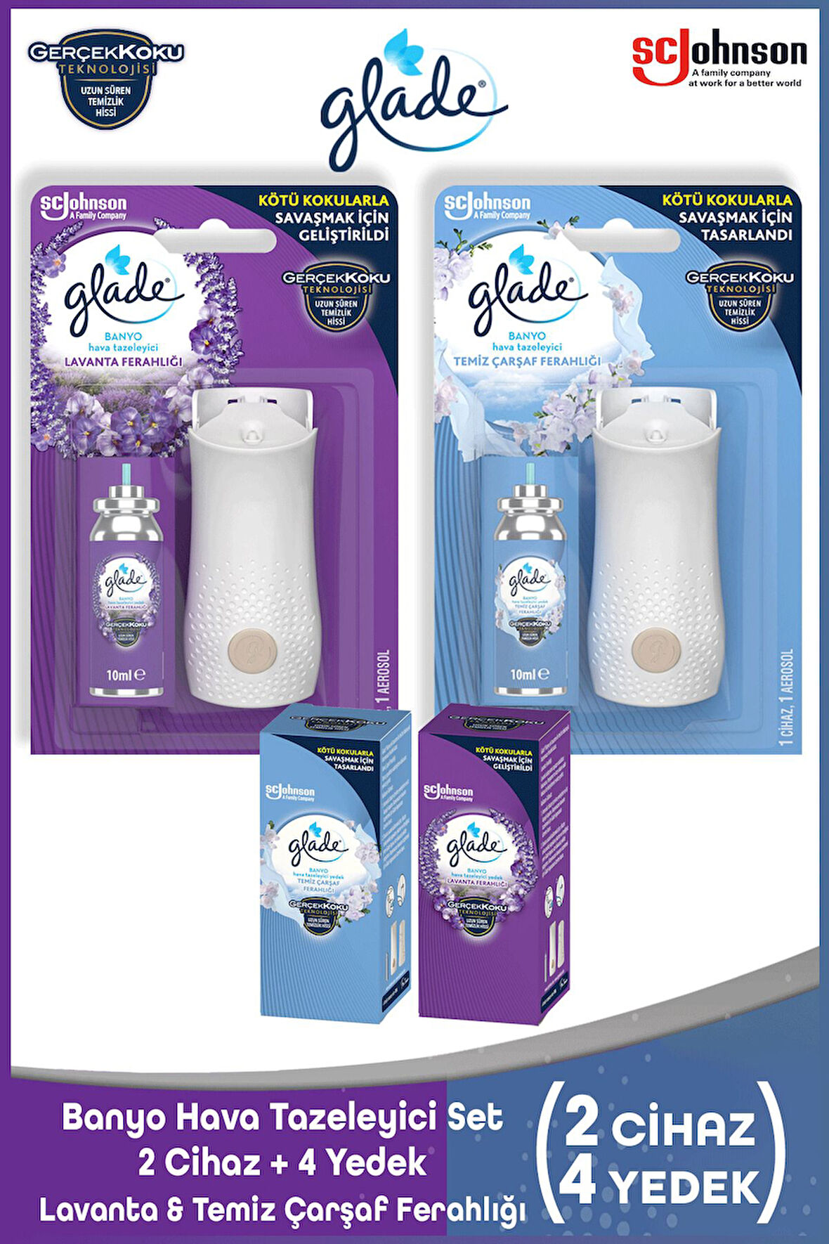 Banyo Hava Tazeleyici Set | 2 Cihaz + 4 Yedek (Lavanta & Temiz Çarşaf Ferahlığı)