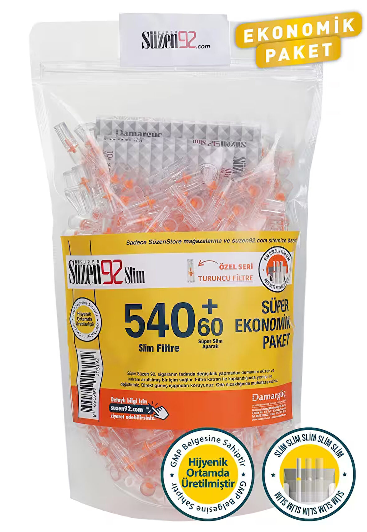Süzen92 Slim Sigara Filtresi Ekonomik Poşet 540'lı + Adaptör 60'lı (Özel Seri)
