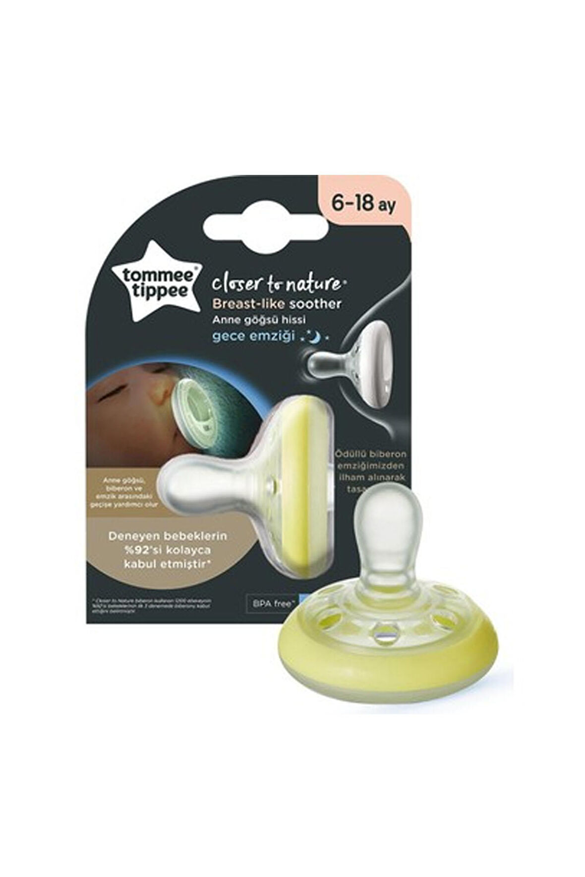 Tommee Tippee Breast-like Gece Emziği 6-18 Ay Sarı