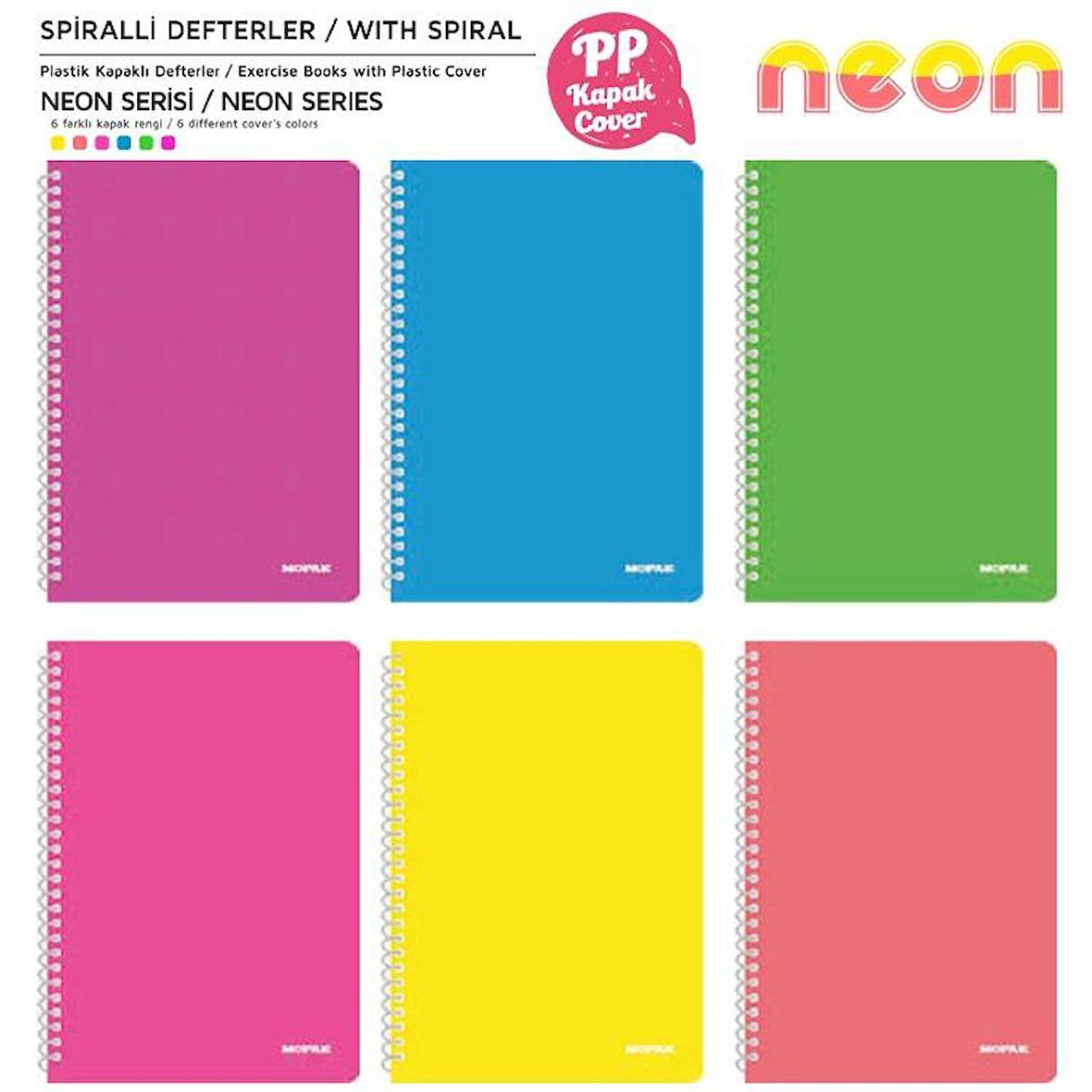 Mopak Neon Serisi  A4 Spiralli PP Kapak Defter 72 Yp Kareli