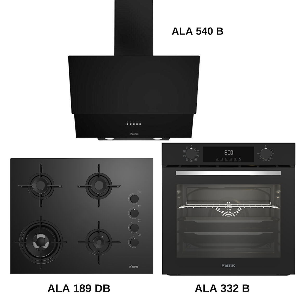 Altus ALA 332 B-ALA 189 GBD-ALA 540 B Doğalgazlı Wok Ocak Siyah Ankastre Set 2