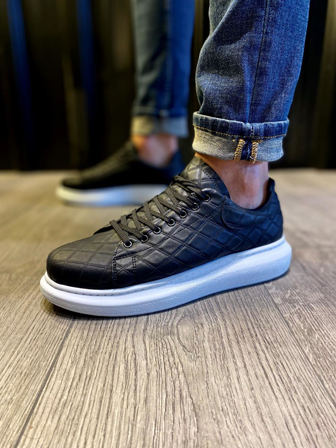 Pabucmarketi Erkek Günlük Ayakkabı Yüksek Taban Kapitone Siyah (Beyaz Taban)