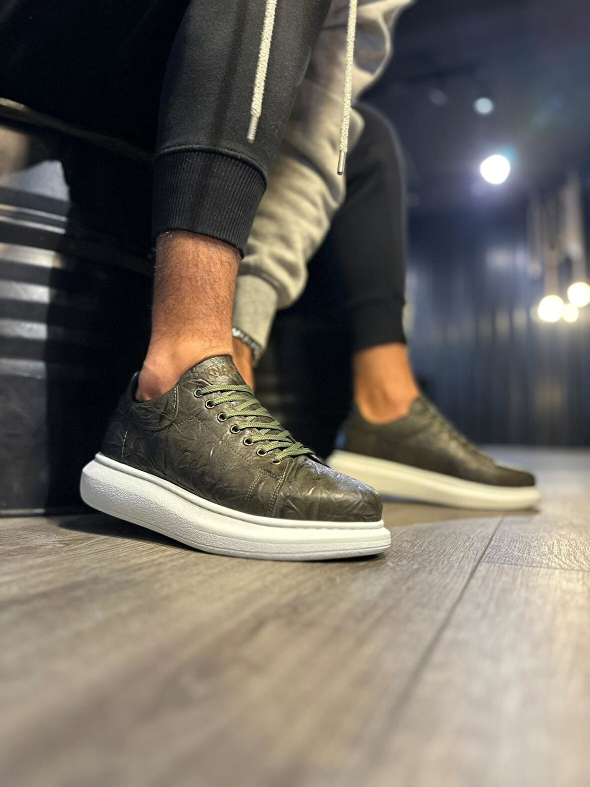 Pabucmarketi Erkek Günlük Ayakkabı Yüksek Taban Haki Yeşil Desenli