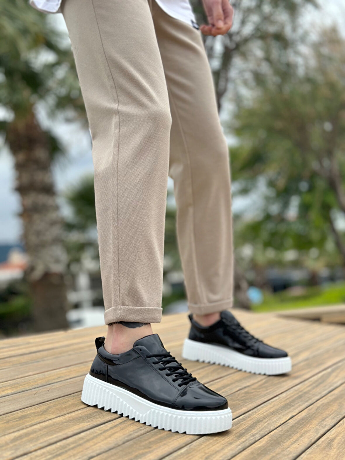 Pabucmarketi Bağcıklı Erkek Ayakkabı SİYAH RUGAN (BEYAZ TABAN)