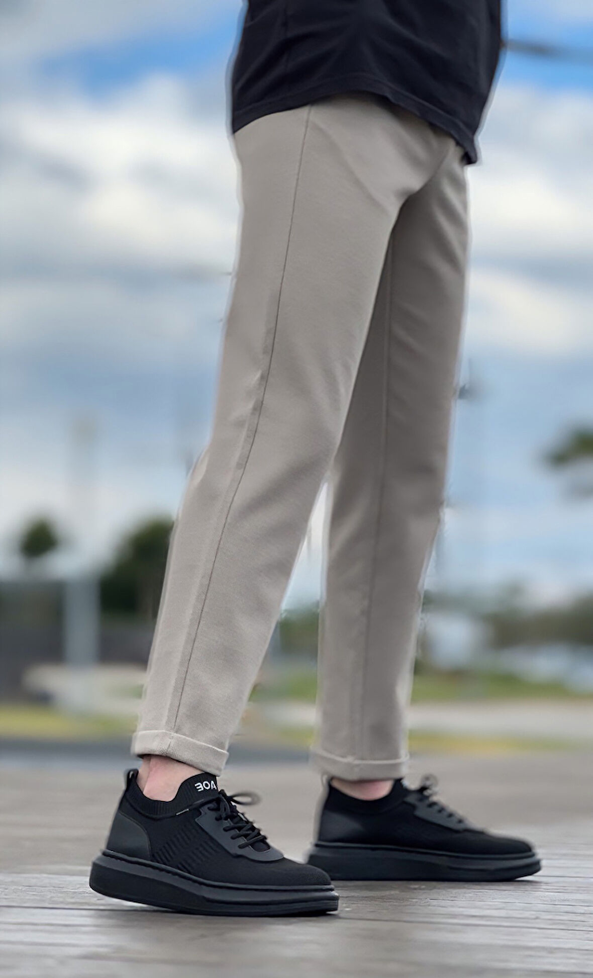 Pabucmarketi Bağcık Detaylı Triko Erkek Spor Ayakkabı SİYAH (SİYAH TABAN)