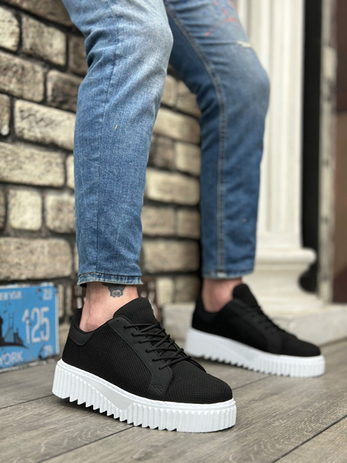 Pabucmarketi Bağcıklı Triko Erkek Ayakkabı SİYAH (BEYAZ TABAN)