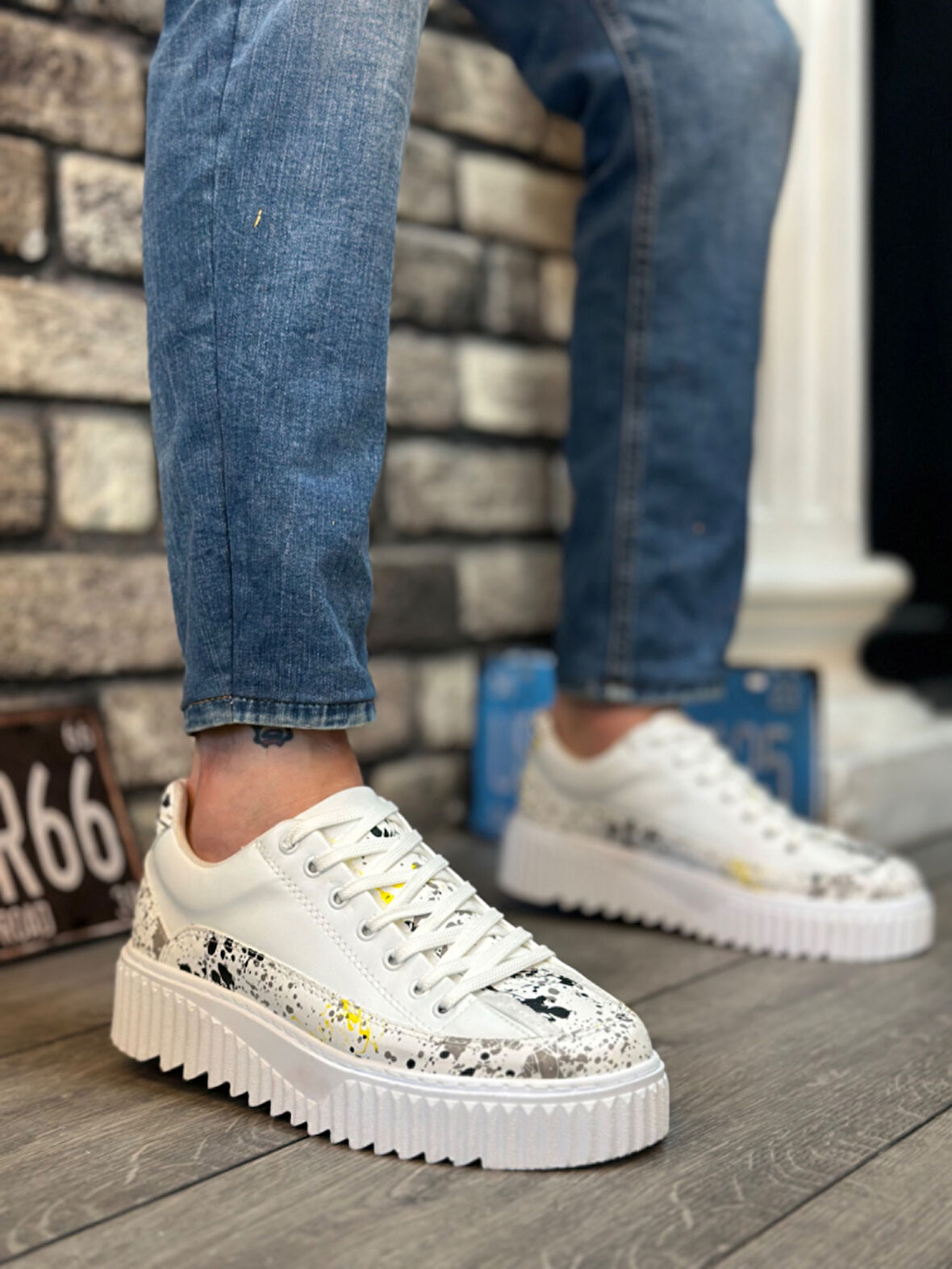 Pabucmarketi Bağcıklı Baskı Detaylı Erkek Spor Ayakkabı BEYAZ (BEYAZ TABAN)