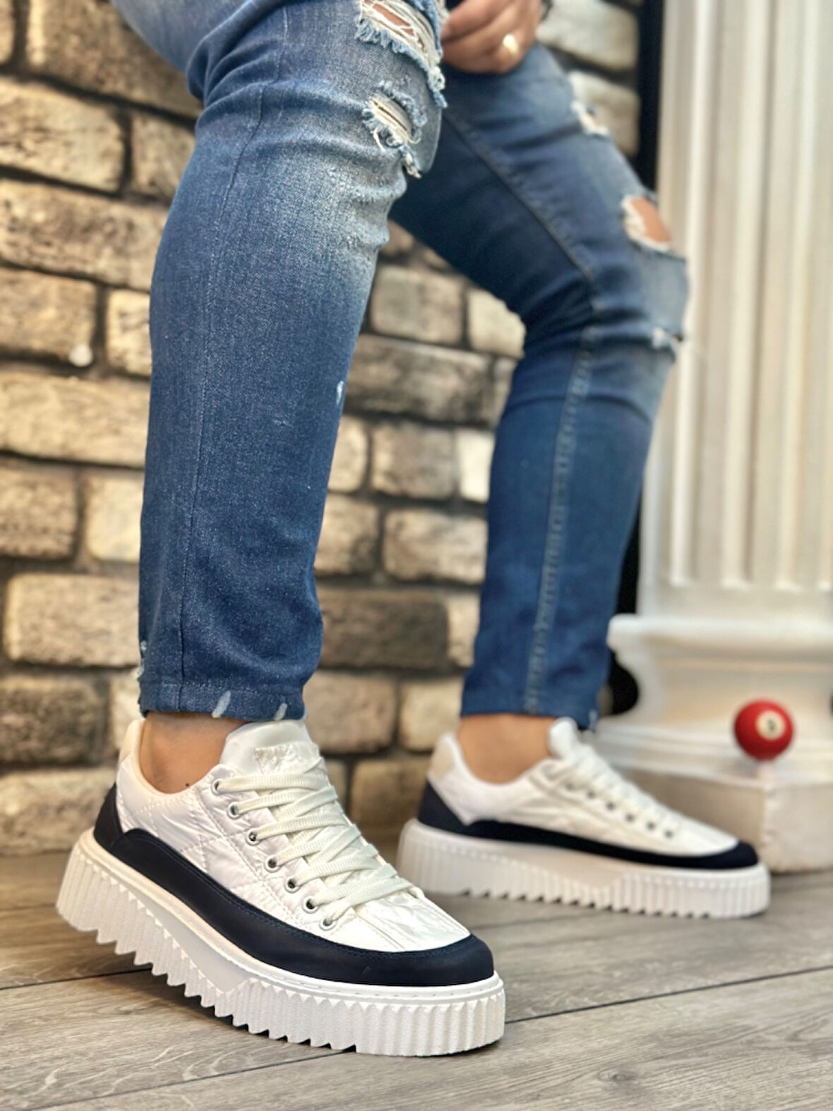 Pabucmarketi Bağcıklı Paraşüt Kumaş Erkek Spor Ayakkabı BEYAZ LACİVERT (BEYAZ TABAN)
