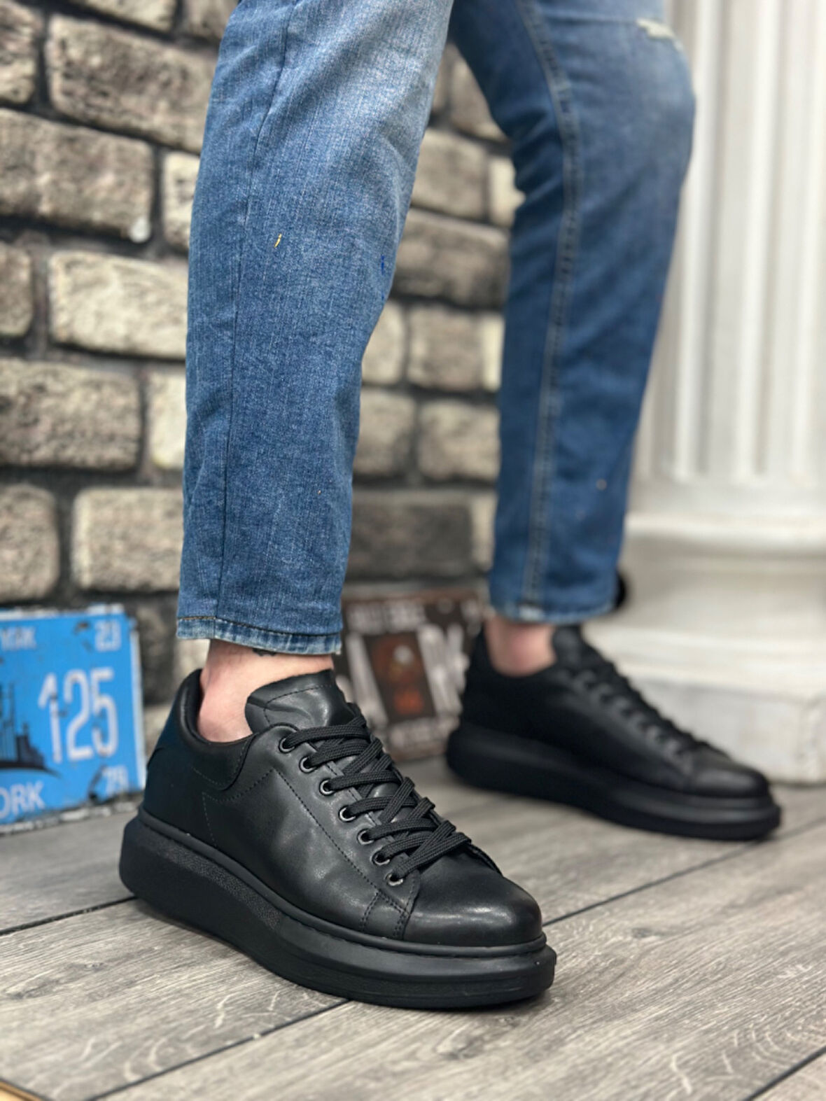 Pabucmarketi Bağcıklı Erkek Spor Ayakkabı SİYAH (SİYAH TABAN)