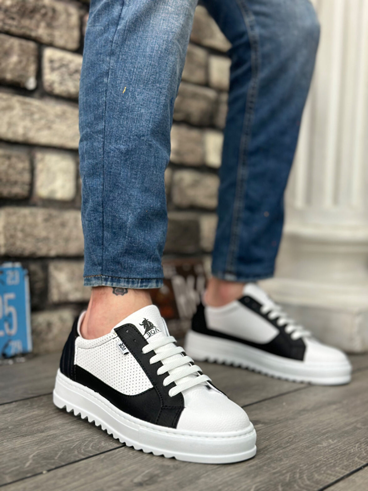 Pabucmarketi Bağcıklı Erkek Spor Ayakkabı BEYAZ SİYAH (BEYAZ TABAN)