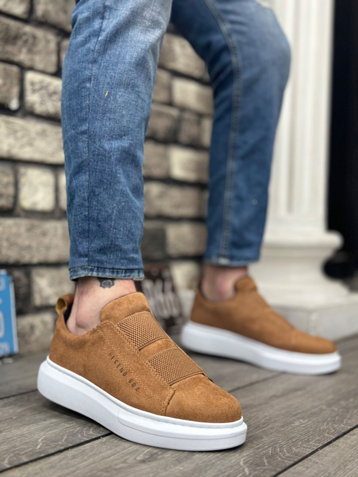 Pabucmarketi Bağcıksız Çift Bant Erkek Ayakkabı TABA (BEYAZ TABAN)