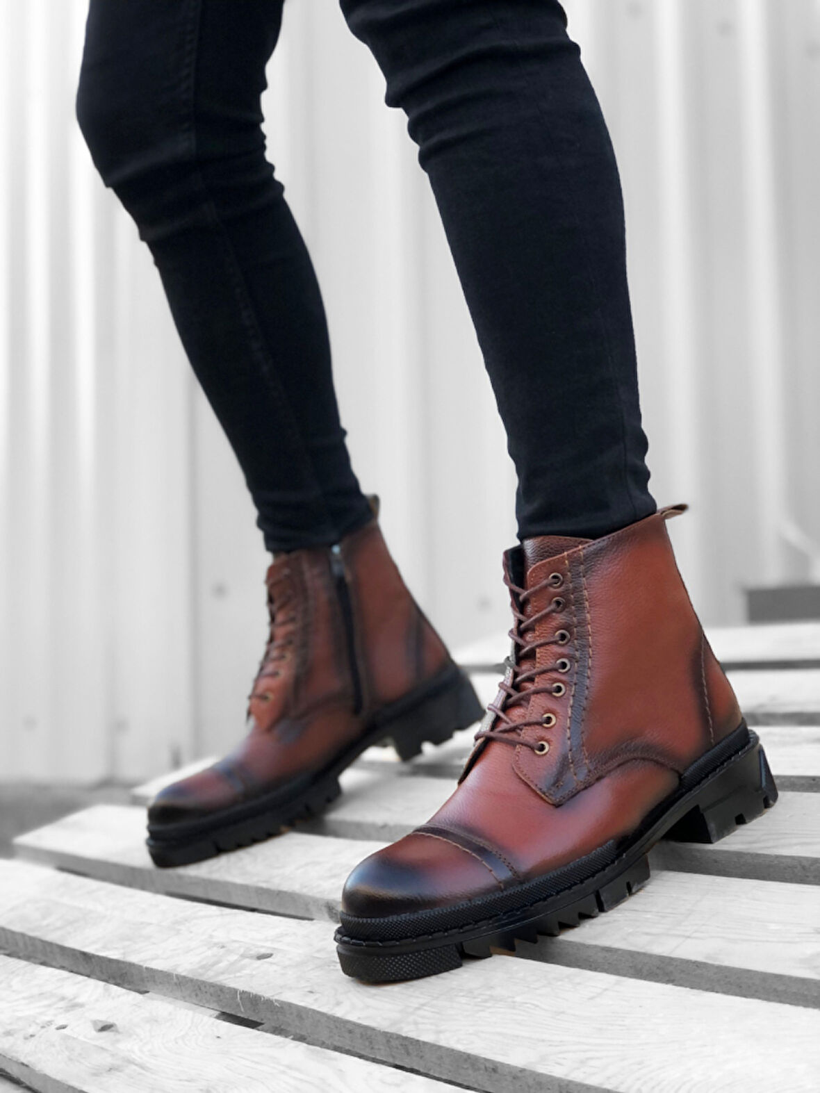 Pabucmarketi Fermuarlı Bağcık Detaylı İçi Dışı Hakiki Deri Erkek Bot TABA