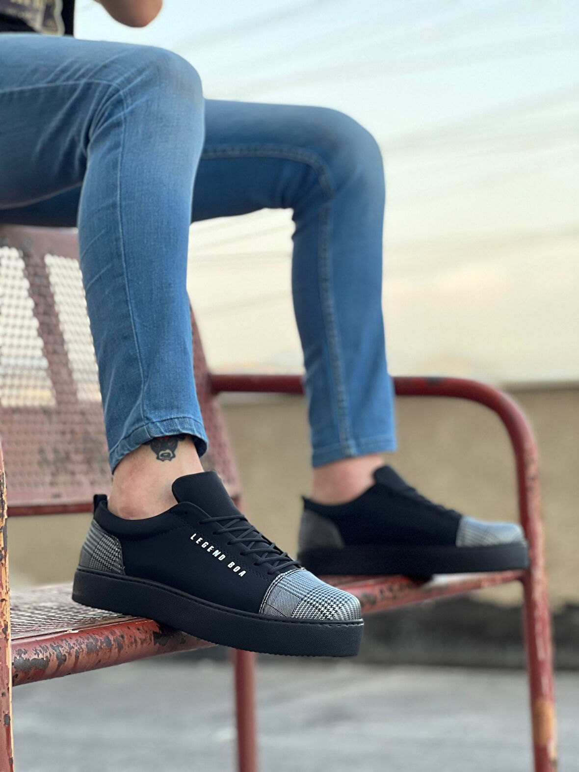 Pabucmarketi Bağcıklı Ekose Detaylı Erkek Spor Ayakkabı SİYAH SÜET (SİYAH TABAN)