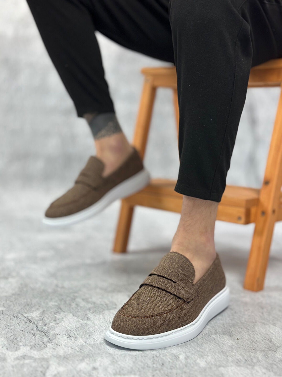 Pabucmarketi Bağcıksız Keten Erkek Ayakkabı KAHVE