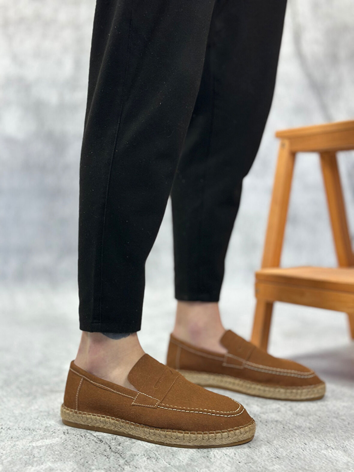 Pabucmarketi Bağcıksız Doğal Deri Tozu Kauçuk El Yapımı Espadril Erkek Ayakkabı TABA