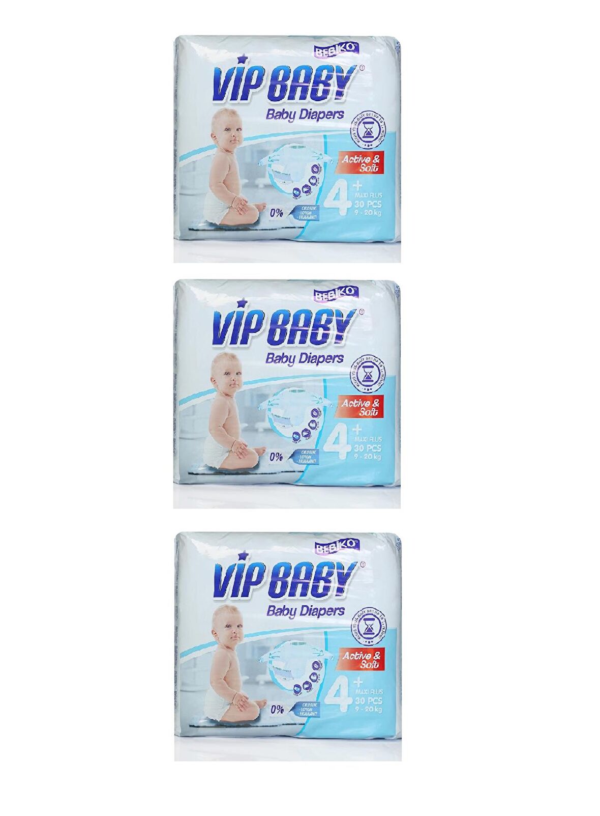 Bebiko Vip Baby Active & Soft 4+ Numara Maxi Plus 3x30'lu Cırtlı Bez