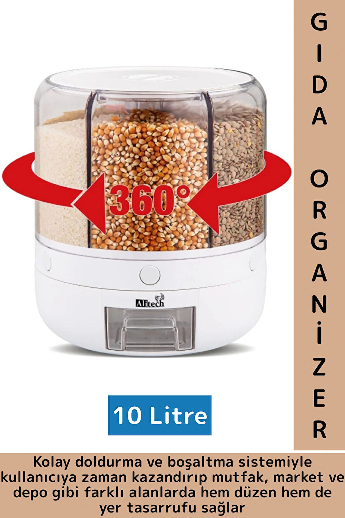 Ergonomik Yüksek Kaliteli Plastik Pratik 360° Döner Mutfak Kuru Gıda Bakliyat Organizeri 10 Litre