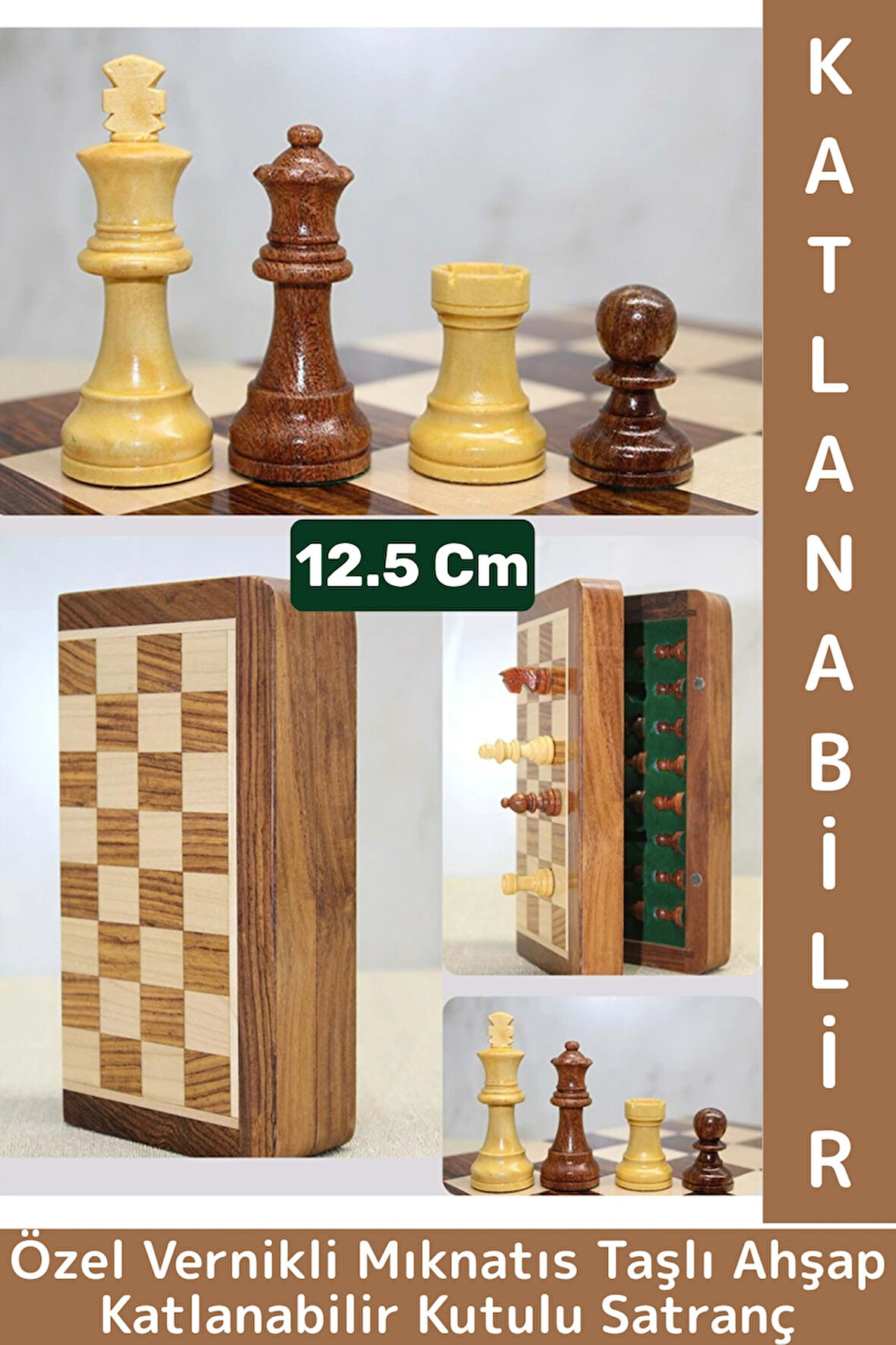 Premium Yüksek Kalite Özel Vernikli Mıknatıs Taşlı Ahşap Katlanabilir Kutulu Satranç Takımı 12.5 Cm