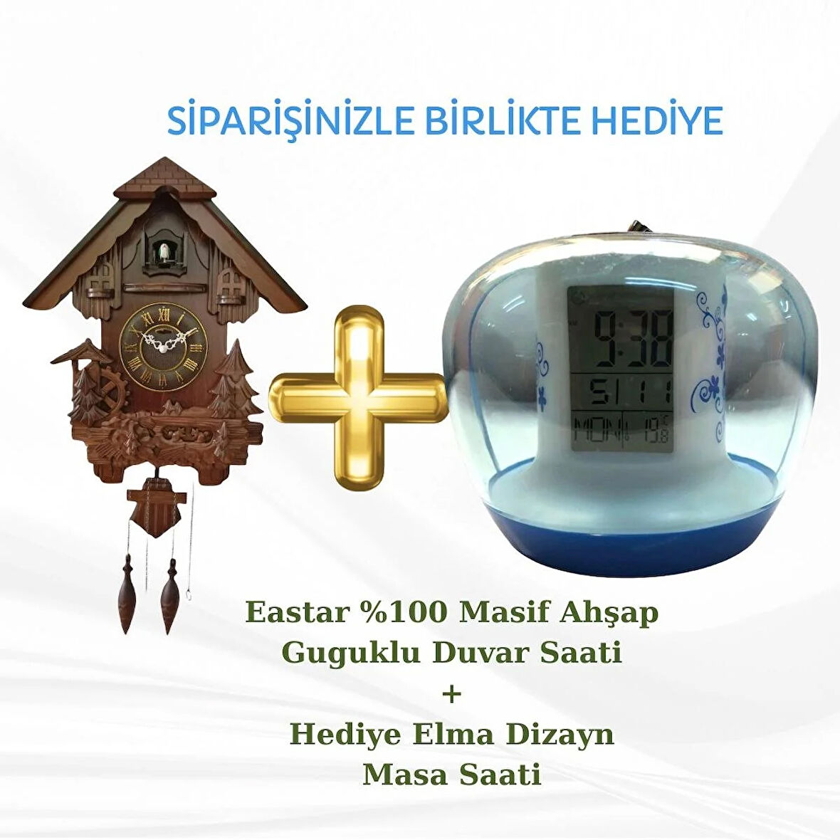 Eastar Masif Ahşap Pilli Guguklu Duvar Saati + Hediye Elma Dizayn Masa Saati