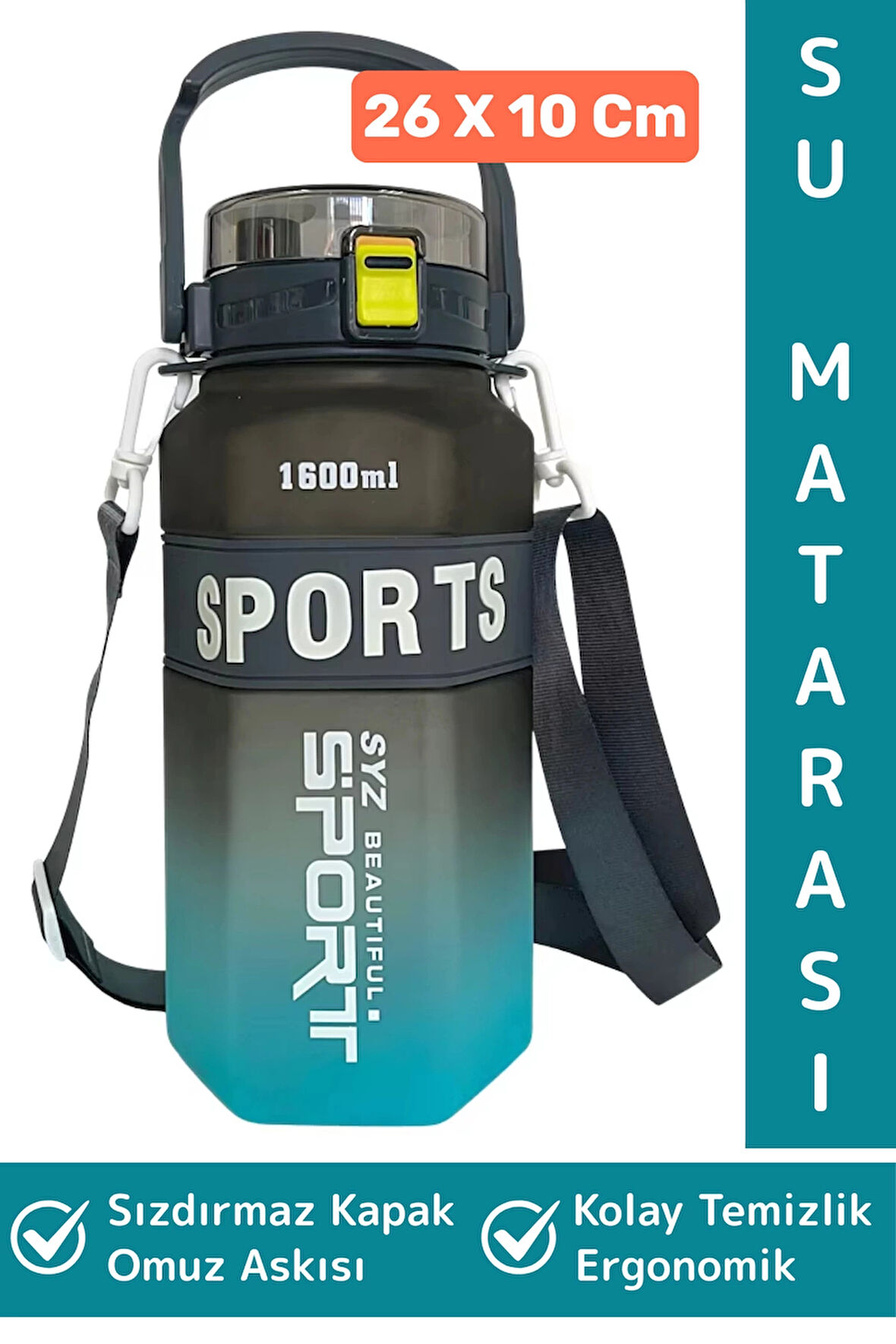 Dayanıklı BPA İçermz Sızdırmaz Kapak Kolay Temizlenir Okul Ofis Spor Omuz Askılı Su Matarası 1600 ML