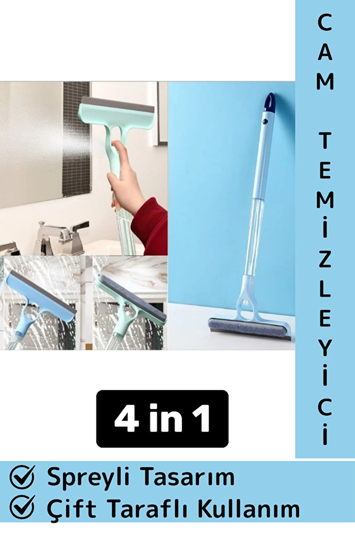 Premium Banyo Mutfak Fayans Oto Ayna Çift Taraflı 4 in 1 Spreyli Çek Çekli Camsil Fırça Aparatı