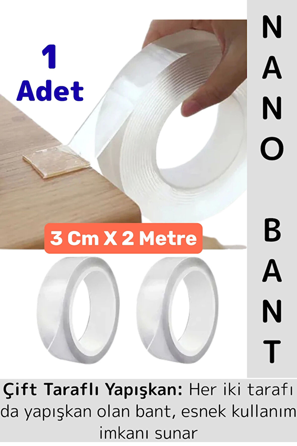 Ultra Güçlü Esnek Kesilebilir Kolay Kullanım Estetik Çift Taraflı Nano Şeffaf Bant 3 Cm X 2 Metre