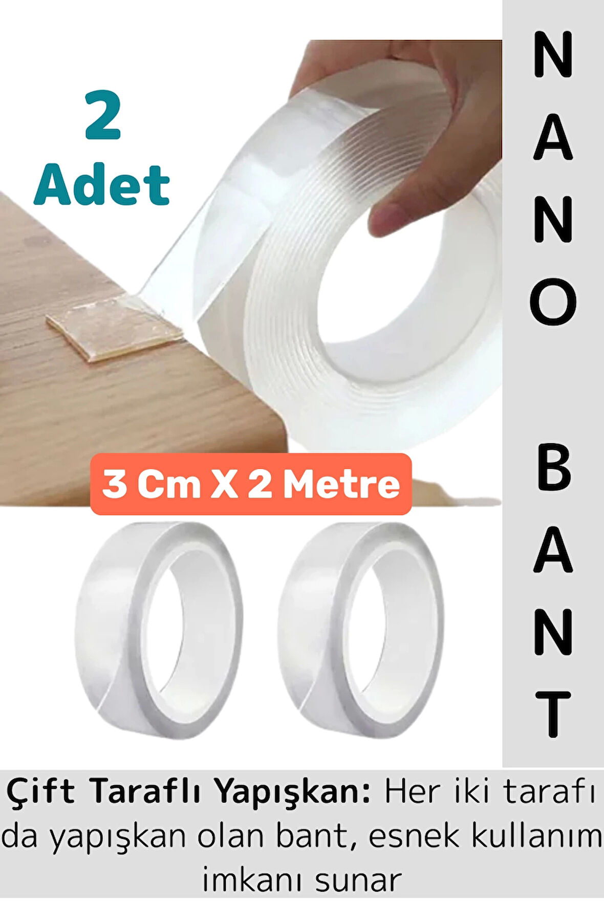 Ultra Güçlü Esnek Kesilebilir Kolay Kullanım Estetik Çift Taraflı Nano Şeffaf Bant 3 CmX2 Metre 2 Ad