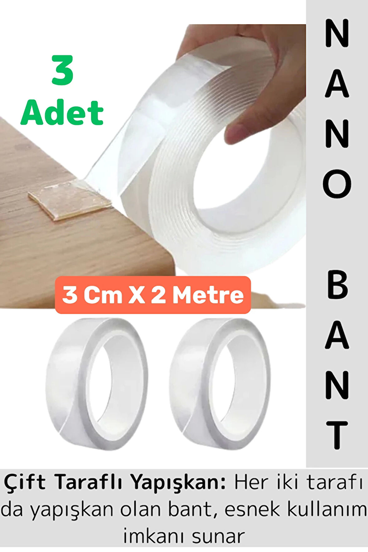 Ultra Güçlü Esnek Kesilebilir Kolay Kullanım Estetik Çift Taraflı Nano Şeffaf Bant 3 CmX2 Metre 3 Ad