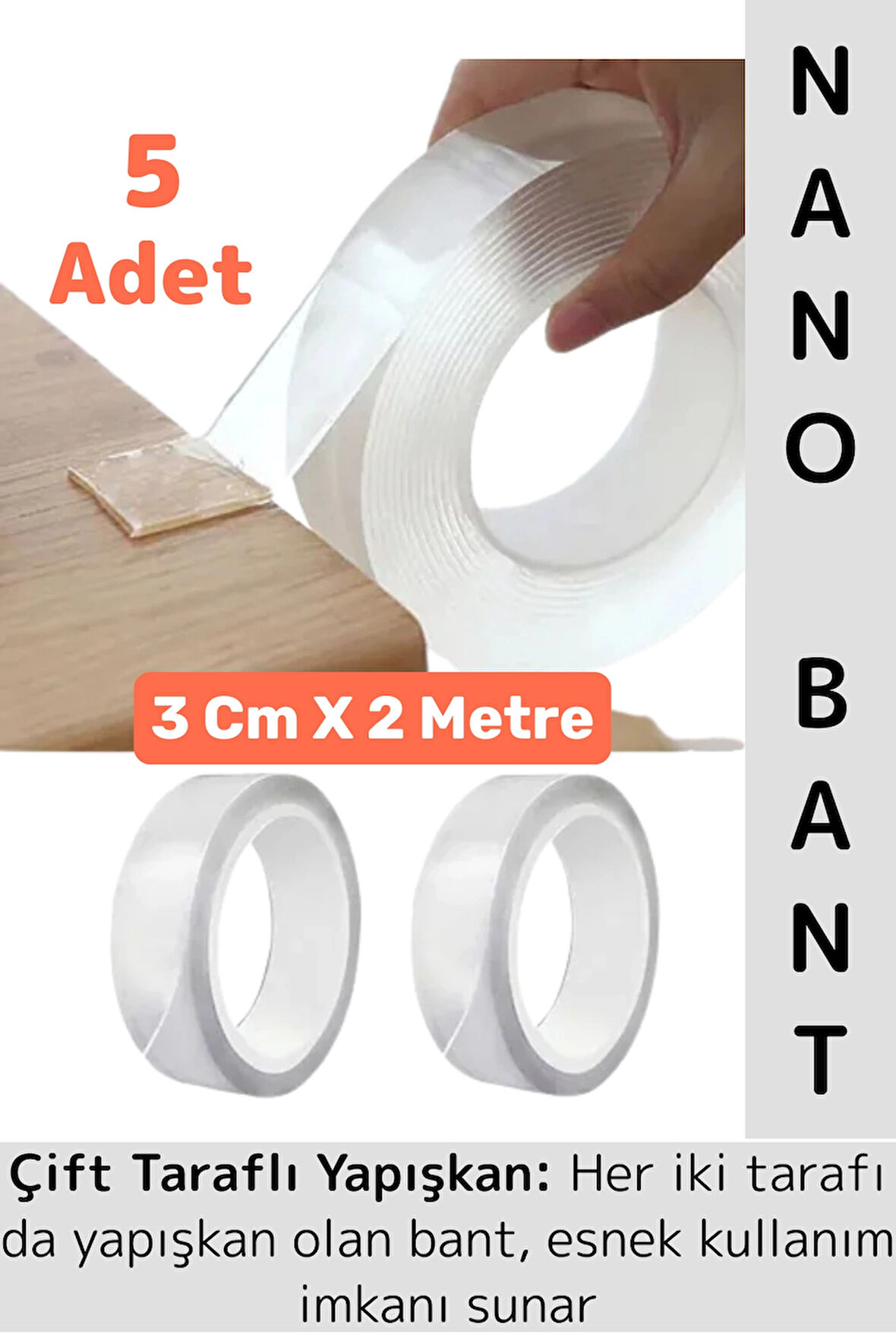 Ultra Güçlü Esnek Kesilebilir Kolay Kullanım Estetik Çift Taraflı Nano Şeffaf Bant 3 CmX2 Metre 5 Ad