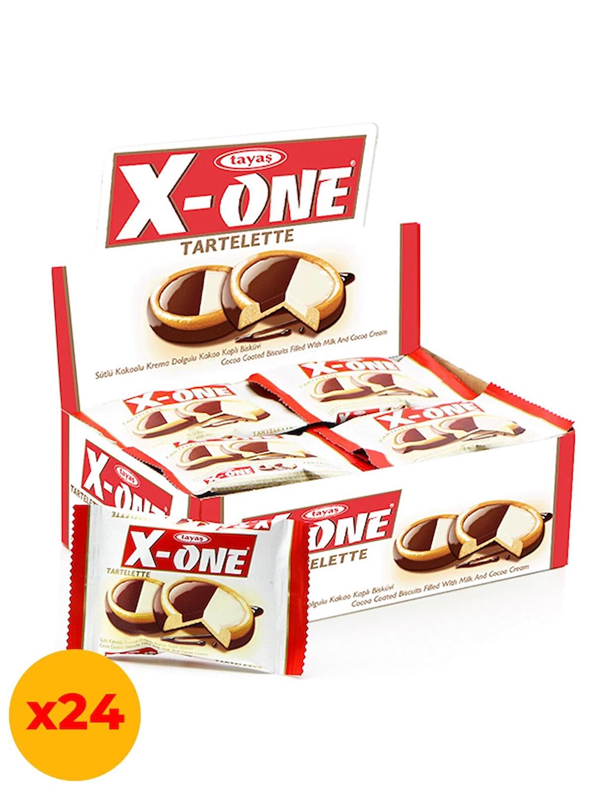 X-One Tartelette Sütlü Kakaolu Krema Dolgulu Kakao Kaplı Bisküvi 20 Gr X 24 Adet Kutulu