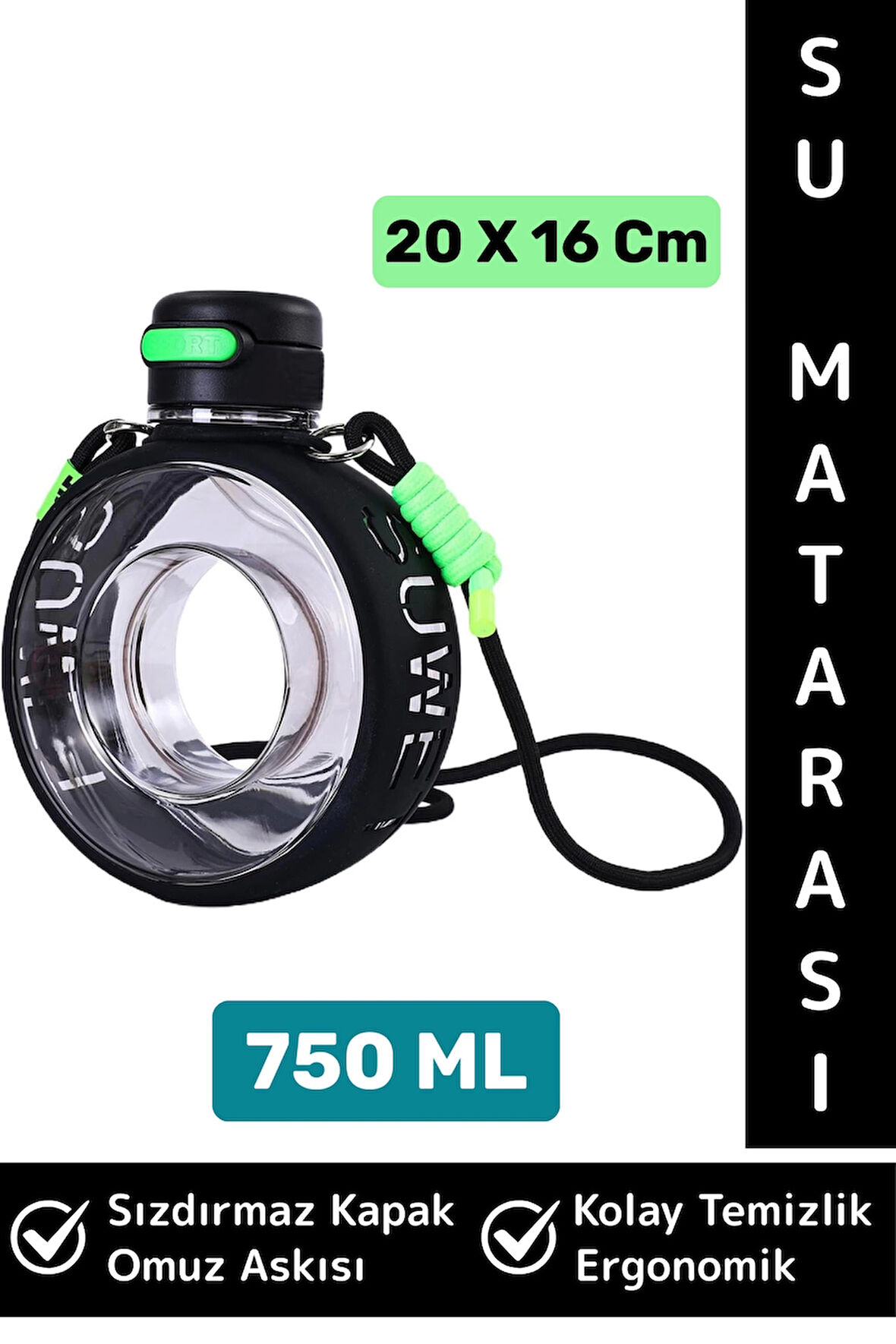 Premium Ergonomik Sızdırmaz Kapak Omuz Askılı Spor Okul Ofis Çok Şık Estetik Su Matarası 750 ML