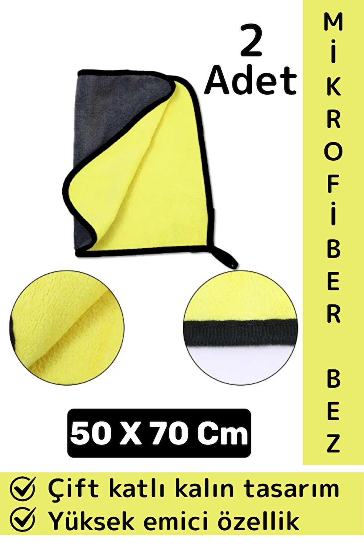 Araç İç Dış Temizleme Yüksek Emici Çift Katlı Yünlü Mikrofiber Araba Temizlik Bezi 50x70 Cm 2 Adet