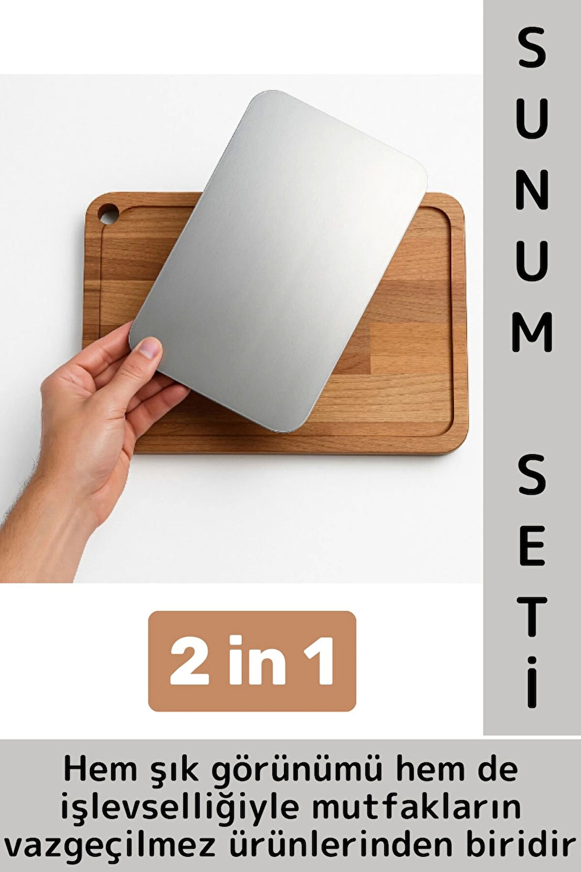 Dayanıklı Mutfak Kesme Sunum Çok Amaçlı Şık Ahşap Çelik Çıkarılabilir Kesme Tahtası Sunum Set 2 in 1