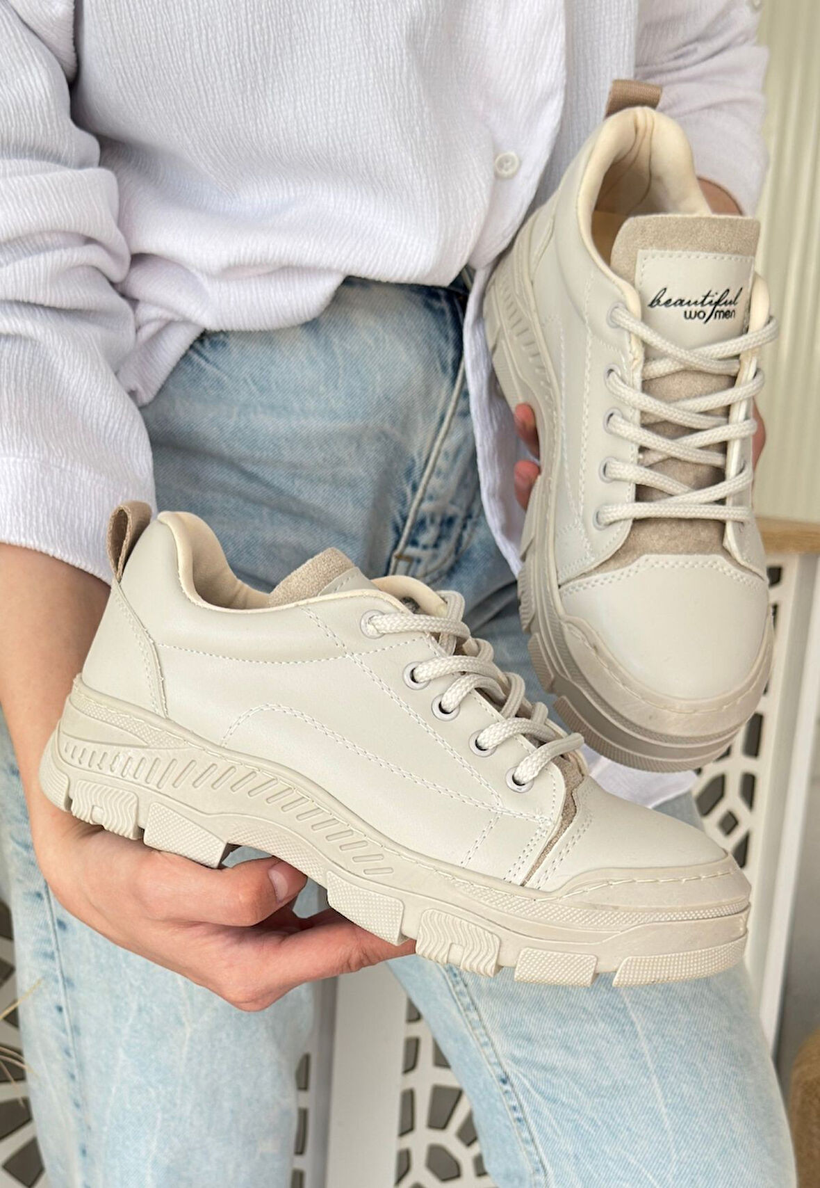 Pabucmarketi Bej Suni Deri Bağcıklı Kadın Sneaker Ayakkabı
