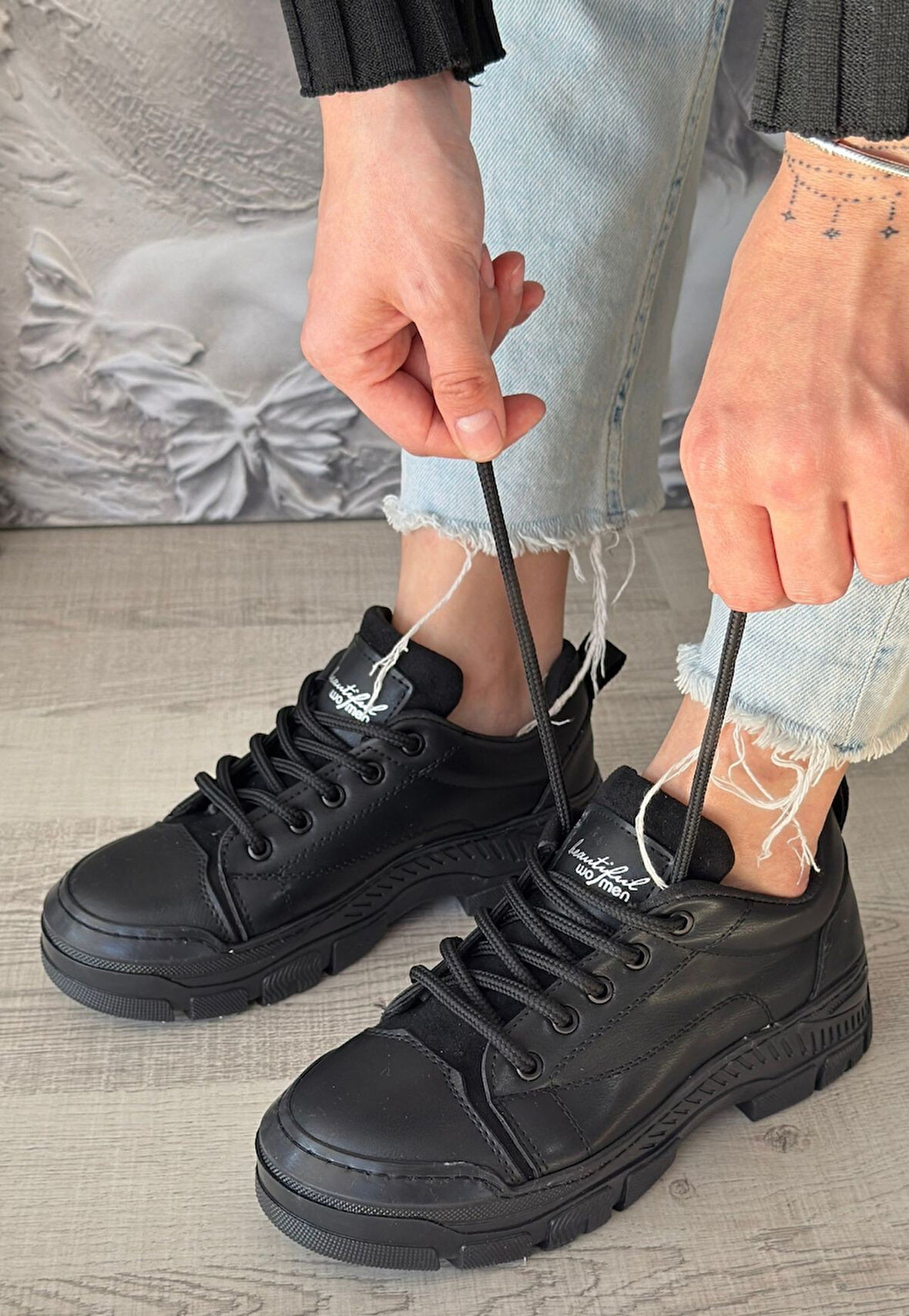 Pabucmarketi Siyah Suni Deri Bağcıklı Sneaker Kadın Ayakkabı